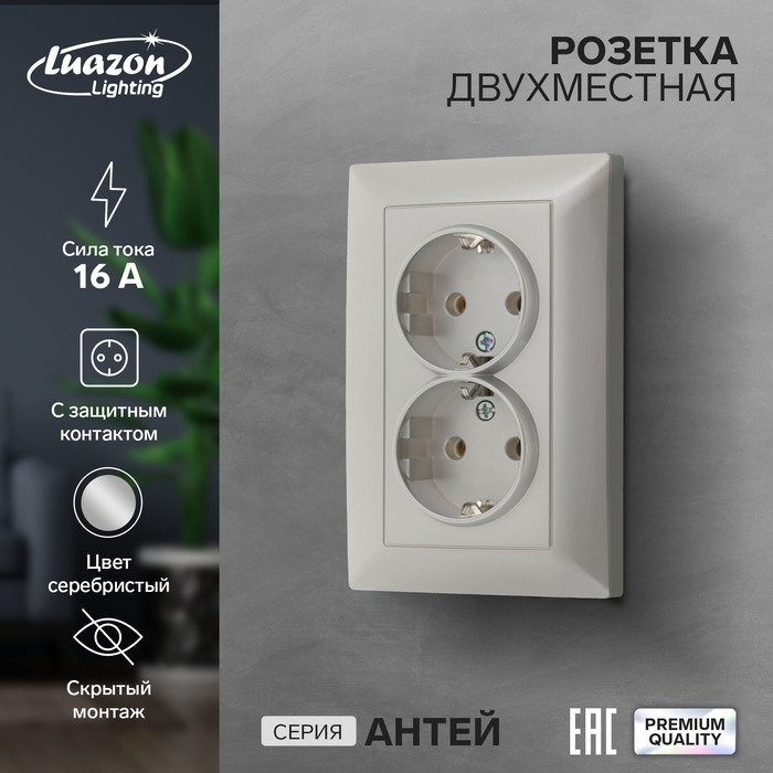 Розетка двухместная Luazon Lighting Розетка двухместная Luazon Lighting "Антей", 16 А, скрытая, с з/к, серебристая