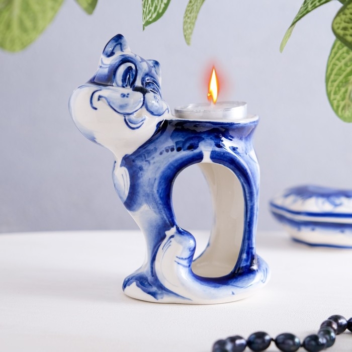 Подсвечник-аромалампа «Хитрый кот», микс, гжель Подсвечник-аромалампа «Хитрый кот», микс, гжель