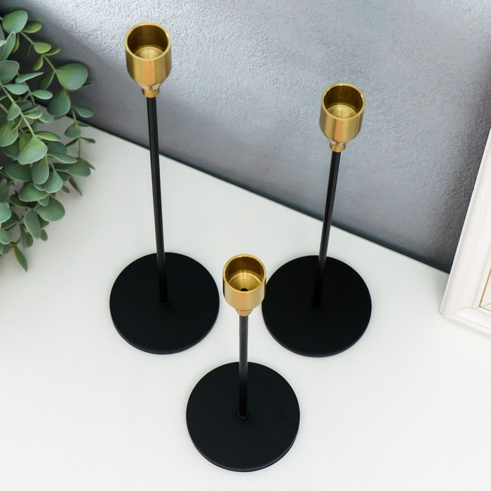 Подсвечник металл Подсвечник металл "Гало" набор 3 шт чёрный с золотом 8х8х22,5, 8х8х27,5, 8х8х32,5 см
