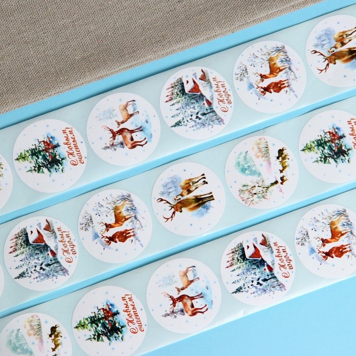 Новый год. Наклейки в рулоне "Олени", 500 шт, 3,8 х 3,8 см