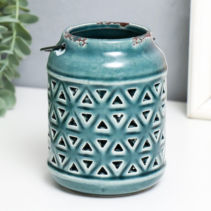 Подсвечник керамика на 1 свечу "Фонарь. Ромбы" зелёный 9х9х12 см