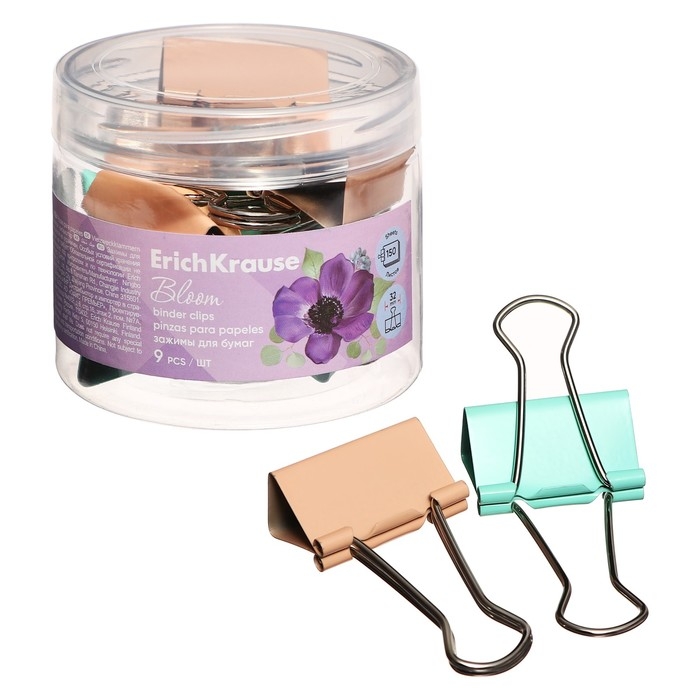 Набор зажимов для бумаг ErichKrause Набор зажимов для бумаг ErichKrause "Pastel Bloom", 32 мм, 9 штук, микс, в пластиковой коробке