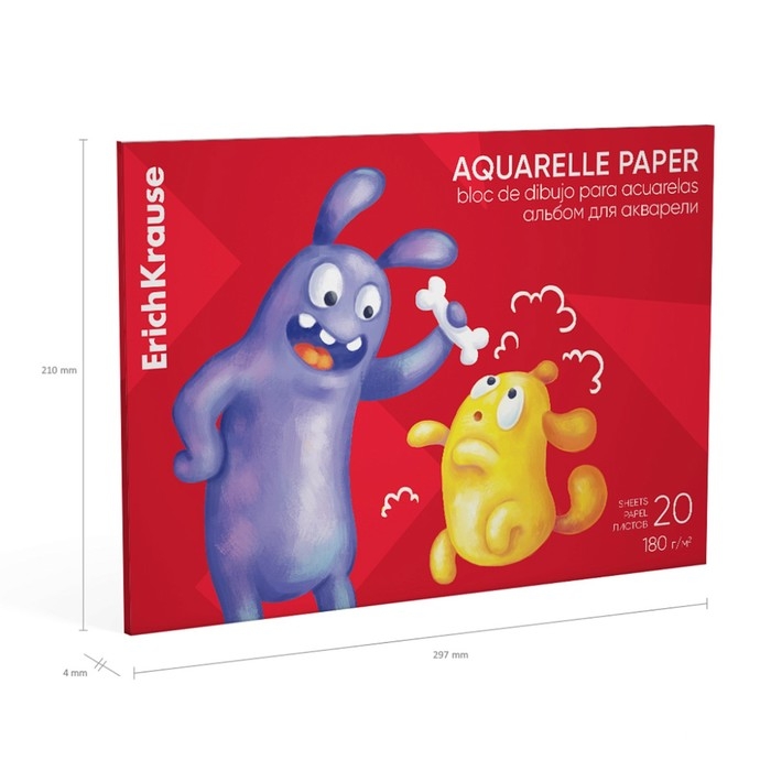 Альбом для акварели А4, 20 листов на клею, Erich Krause Jolly Friends, блок 180 г/м&sup2;, экстра белая, твёрдая подложка