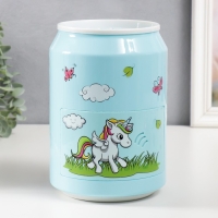 Копилка пластик "Банка. Единорожка" кодовый замок, звук АА голубой 15х21 см