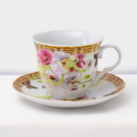 Набор чайный керамический на металлической подставке Доляна &laquo;Садовый дворик&raquo;, 13 предметов: 6 чашек 200 мл, 6 блюдец d=14,1 см, чайник 1 л ㅤ