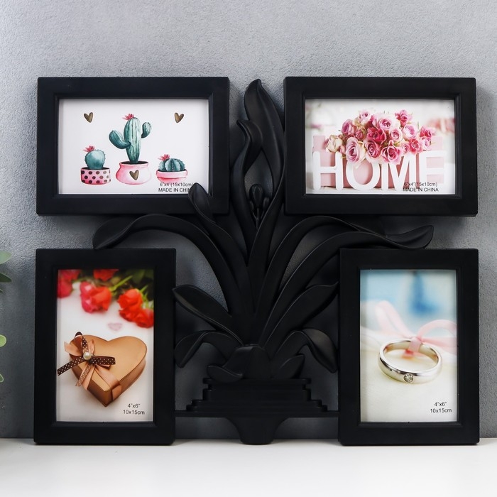 Фоторамка пластик на 4 фото 10х15 см Фоторамка пластик на 4 фото 10х15 см "Цветущий панданус" чёрный 40х33,5 см
