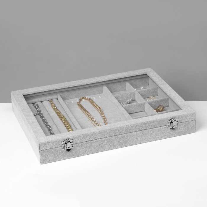 Подставка для украшений «Шкатулка» 4 полосы, 7 крючков, 8 ячеек, стеклянная крышка, цвет серый Подставка для украшений «Шкатулка» 4 полосы, 7 крючков, 8 ячеек, стеклянная крышка, цвет серый