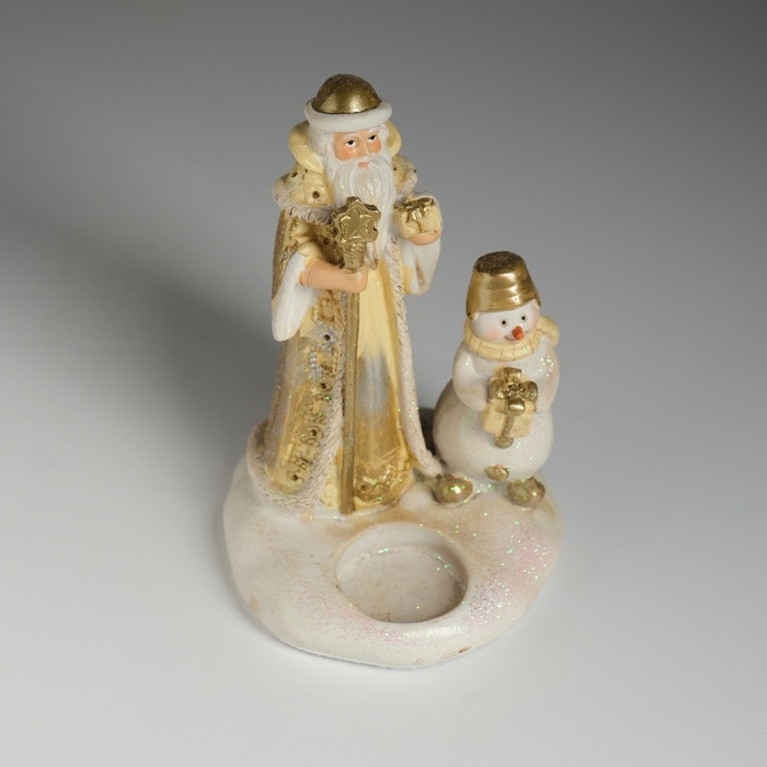 Подсвечник полистоун Подсвечник полистоун "Дед Мороз в коричневой шубе со снеговиком" d=3?5 см 10,3х9,8х14 см