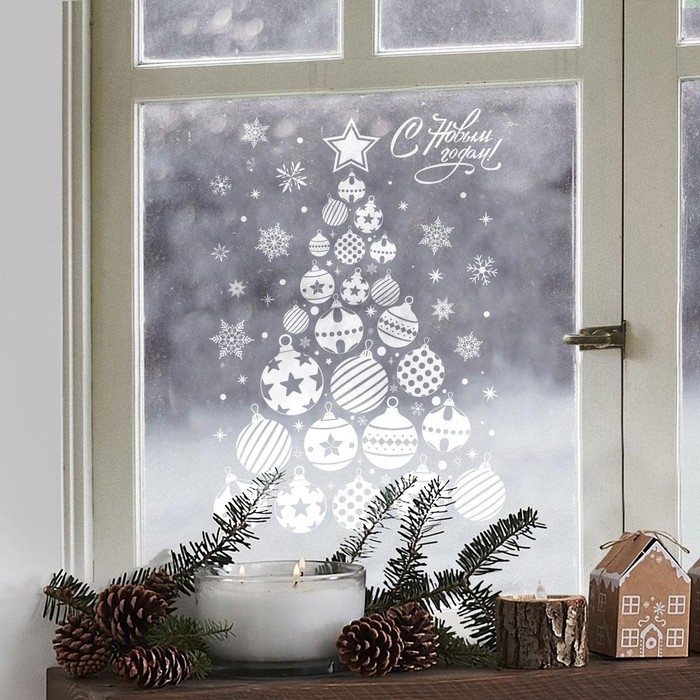 Наклейки новогодние для окон &laquo;Елка из игрушек&raquo;, многоразовые, 33 х 50 см, Новый год