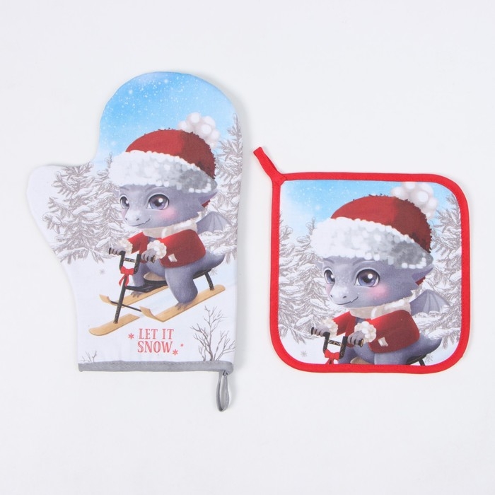 Новый год. Набор кухонный Этель "Новогодние забавы": прихватка 19х19 см, варежка-прихватка 20х28 см, 100% х