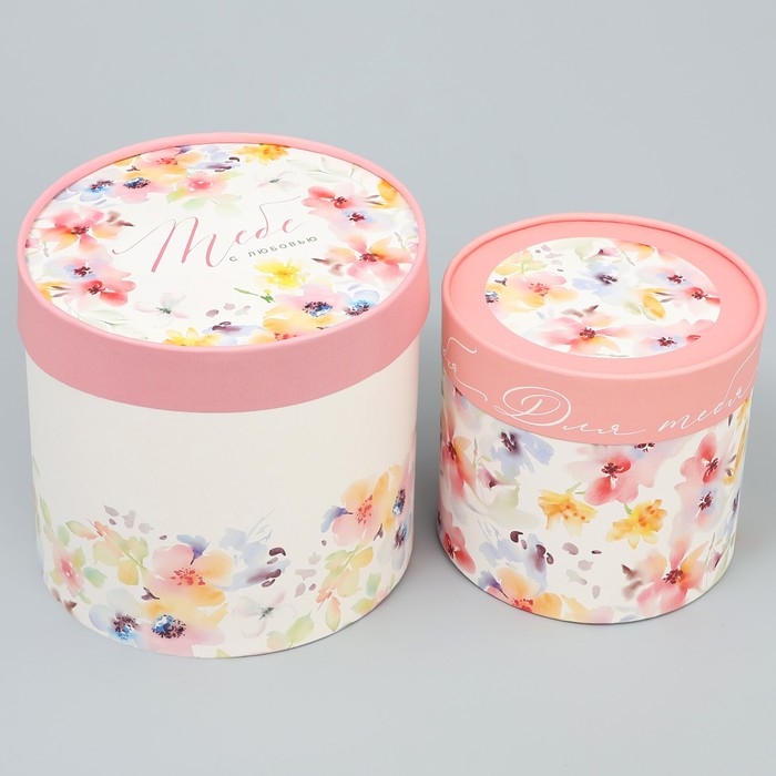Набор шляпных коробок 2 в 1, упаковка подарочная, &laquo;Акварельные цветы&raquo;, 13 х 13 см, 16 х 16 см