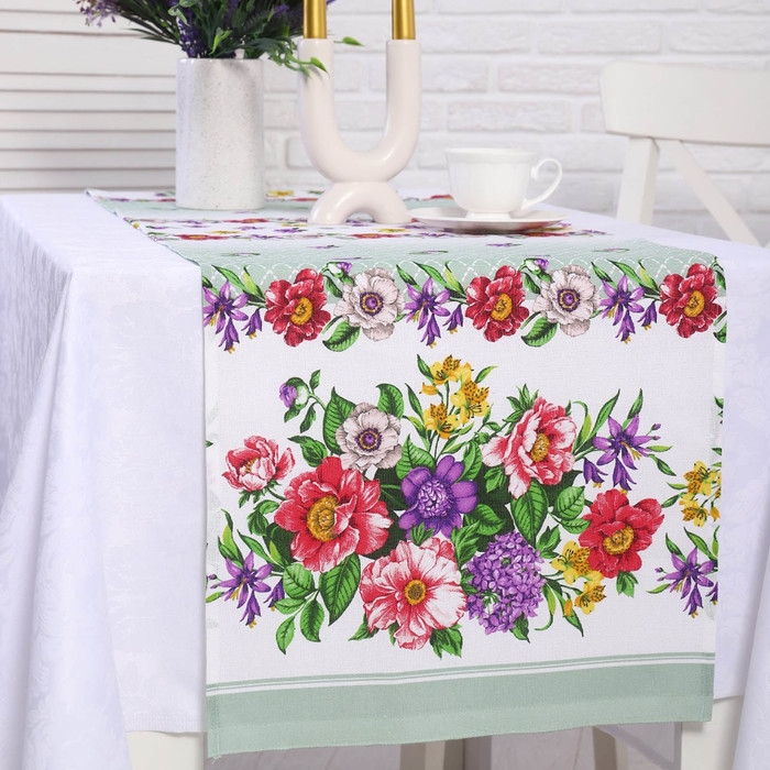 Скатерть - дорожка на стол Анемоны 40х150см, рогожка, хлопок 100%