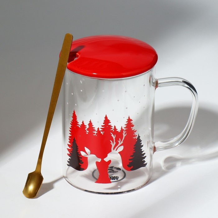 Новый год. Кружка стеклянная с ложкой и крышкой &laquo;Зимний лес&raquo;, 470 мл