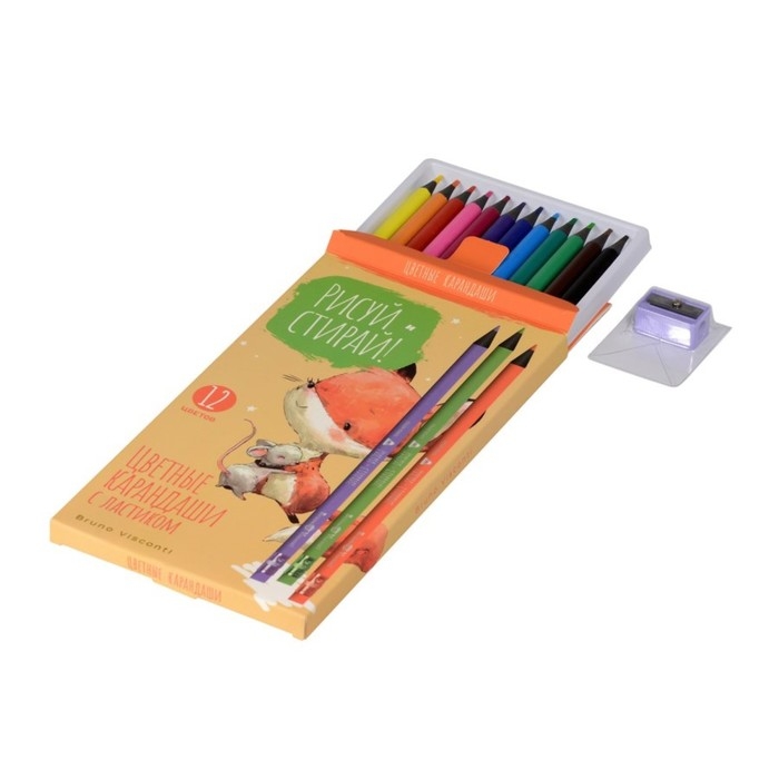 Карандаши 12 цветов BrunoVisconti РИСУЙ и СТИРАЙ, пластиковые с ластиком и точилкой, МИКС
