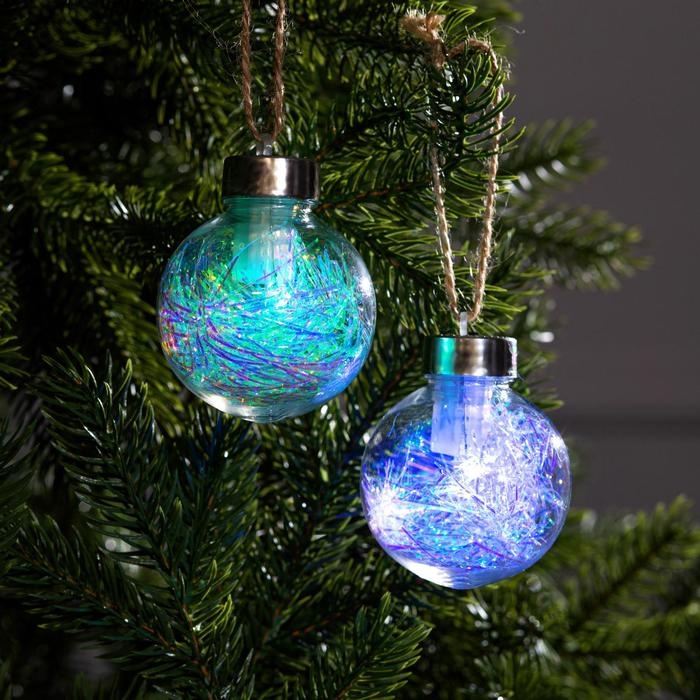 Набор ёлочных шаров «Мишура блестящая» 2 шт., батарейки, 1 LED, свечение RGB Набор ёлочных шаров «Мишура блестящая» 2 шт., батарейки, 1 LED, свечение RGB