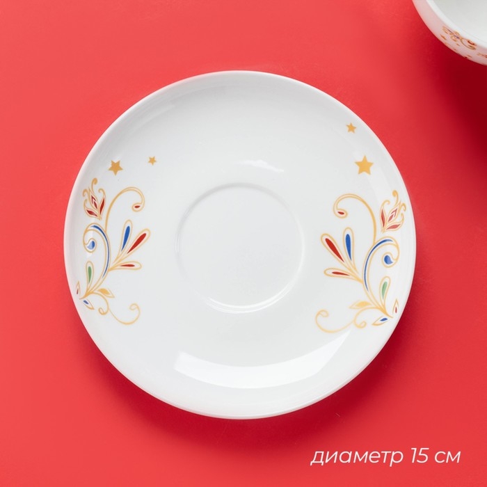 Новогодняя чайная пара Доляна &laquo;Волшебное дерево&raquo;, 2 предмета: чашка 210 мл, блюдце d=15 см, фарфор, цвет белый