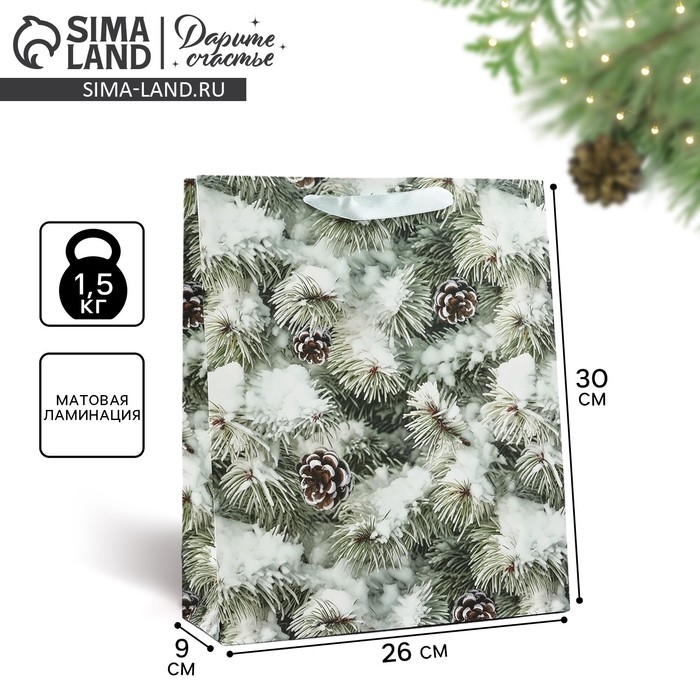 Пакет подарочный новогодний ламинированный &laquo;Зимняя ель&raquo;, M 26 х 30 х 9 см , Новый год
