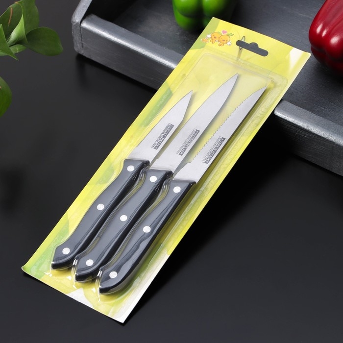 Набор кухонных ножей Доляна &laquo;Кулинарные изыски&raquo;, 3 шт, лезвие 8 см, 11 см, 11 см, цвет чёрный