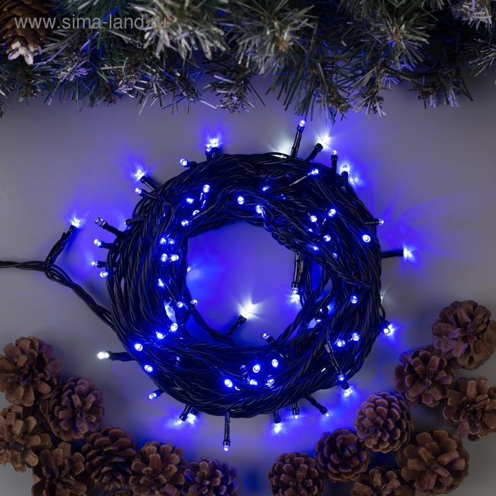 Гирлянда &laquo;Нить&raquo; 10 м, IP44, УМС, тёмная нить, 100 LED, свечение синее, мерцание белым, 220 В