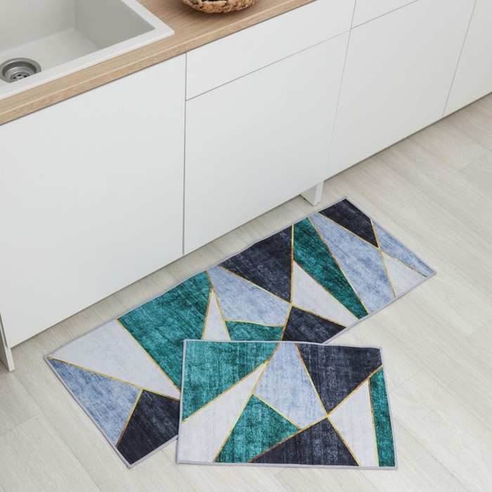 Набор ковриков Доляна &laquo;Геометрик&raquo;, 2 шт, 45&times;120 см, 40&times;60 см, цвет зелёно-серый