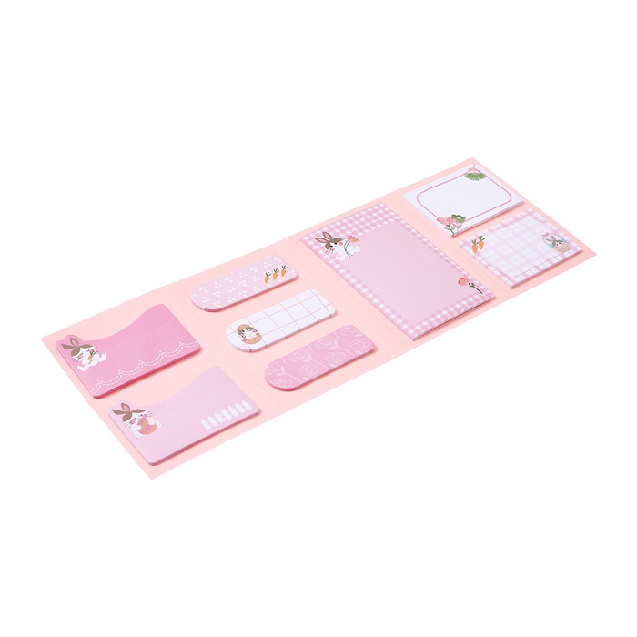 Набор клейкой бумаги для заметок deVENTE. 65x100 мм, набор заметок: 20x56 мм, 40x56 мм и 56x90 мм, 8x20 листов, офсет 80 г/м&sup2;, печать 4+0, ассорти форм, 8 дизайнов, в картонном блистере и пластиковом пакете с европодвесом