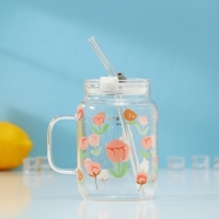 Банка стеклянная с крышкой и трубочкой &laquo;Фреш&raquo;, 500 мл, 10,5&times;7&times;12,6 см, цвет МИКС