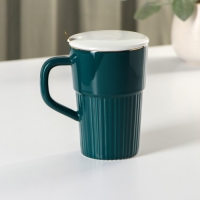 Кружка керамическая с крышкой и ложкой Vintage, 350 мл, цвет изумрудный