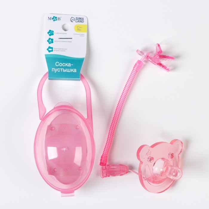 Соска - пустышка цельносиликоновая классическая &laquo;Мишка&raquo;, от 0 мес., с держателем, в контейнере, цвет розовый