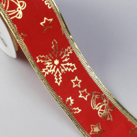 Лента бархатная с металлической нитью &laquo;Снежинки&raquo;, 38 мм &times; 9 &plusmn; 0,5 м, цвет красный/золотой