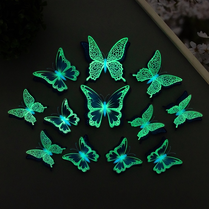 Магнит пластик светится в темноте Магнит пластик светится в темноте "Синие бабочки" двойные крылья набор 12 шт