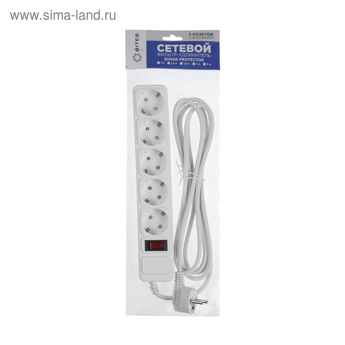 Сетевой фильтр 5bites SP5W-118 5S, 5 розеток, 3 м, 10 А, 3х0.75 мм2, с з/к, с выкл., белый