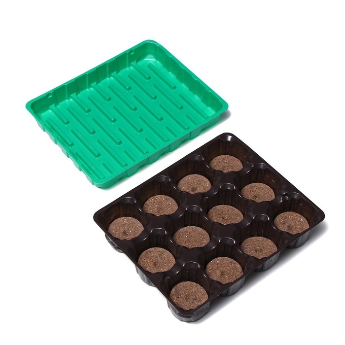 Набор для рассады: торфяная таблетка d = 4.1 см, 12 шт., кассета на 12 ячеек по 40 мл, поддон 20,5 &times; 17 см, зелёный, пластик, Экоторф