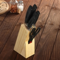 Набор ножей кухонных на подставке, 6 предметов: 5 ножей 8,5 см, 12 см, 12 см, 19,7 см, 19 см, ножницы, цвет чёрный Набор ножей кухонных на подставке, 6 предметов: 5 ножей 8,5 см, 12 см, 12 см, 19,7 см, 19 см, ножницы, цвет чёрный