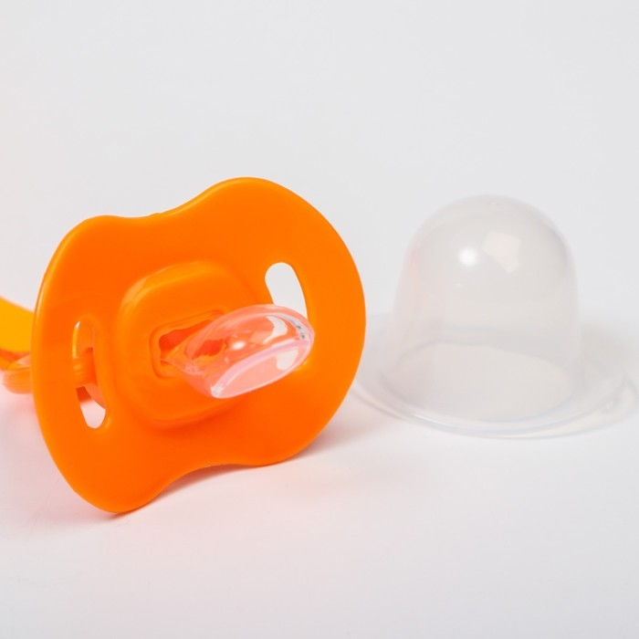 Соска - пустышка силиконовая ортодонтическая, от 0 мес., с держателем, цвет оранжевый