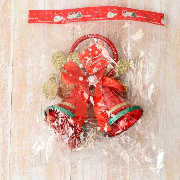 Украшение новогоднее "Уютная сказка" кольцо колокольчики шарики, 13х32 см, красно-золотой