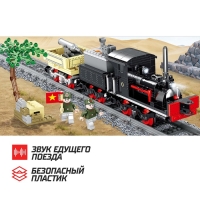 Конструктор ЖД &laquo;Военный паровоз&raquo;, работает от батареек, 379 деталей