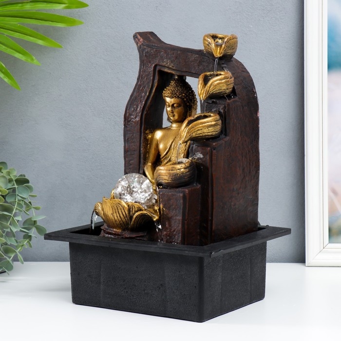 Фонтан настольный от сети "Будда в арке с фонтаном" золото 35х25х20 см
