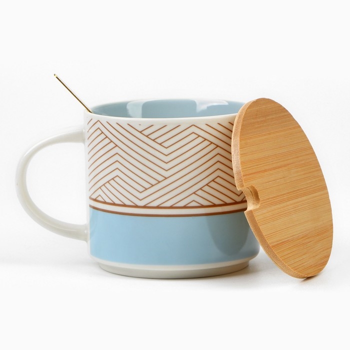 Кружка керамическая с крышкой и ложкой &laquo;Геометрия&raquo;, 470 мл, цвет бежевый