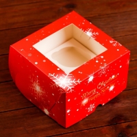 Коробка для 4 капкейка с окном "С Праздником!", 16 х 16 х 10 см, упаковка, Новый год