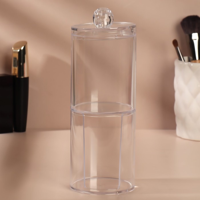 Органайзер для ватных палочек и дисков, с крышкой, 2 съёмные секции, 6,7 &times; 19 см, в картонной коробке, цвет прозрачный