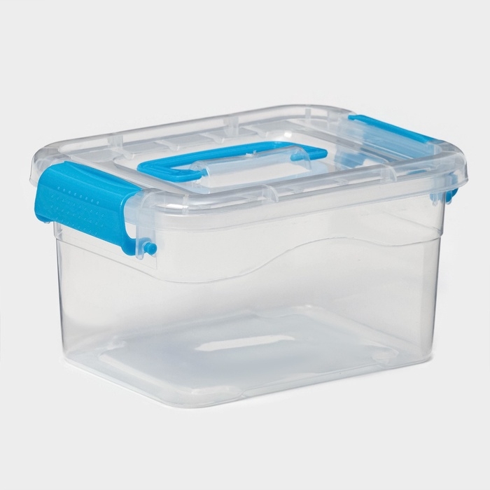 Контейнер для хранения, крышка с ручкой на защёлке, пластик, 1,35 л, 18,5&times;13&times;9,7 см, прозрачный/голубой