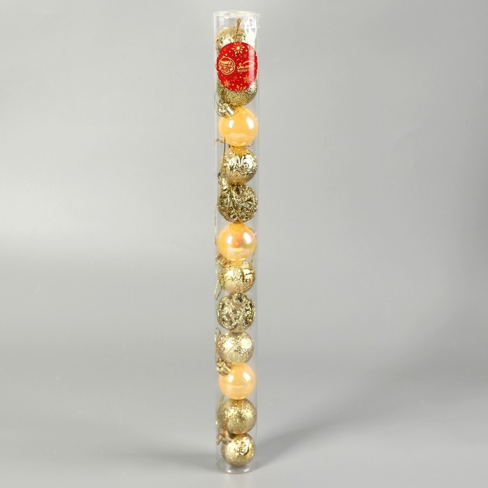 Набор шаров пластик d-4 см, 12 шт "Мелодия" орнамент блеск, золото