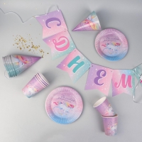 Набор бумажной посуды одноразовый Волшебного дня рождения. Единорог&raquo;, 6 тарелок, 6 стаканов, 6 колпаков, 1 гирлянда