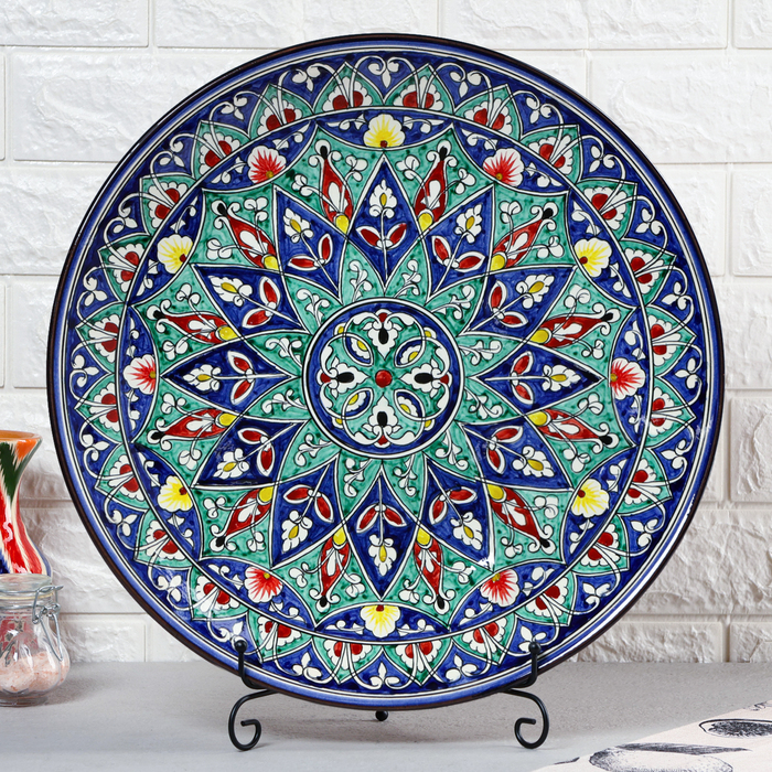 Ляган круглый Риштанская Керамика, 43см, цветной орнамент Ляган круглый Риштанская Керамика, 43см, цветной орнамент