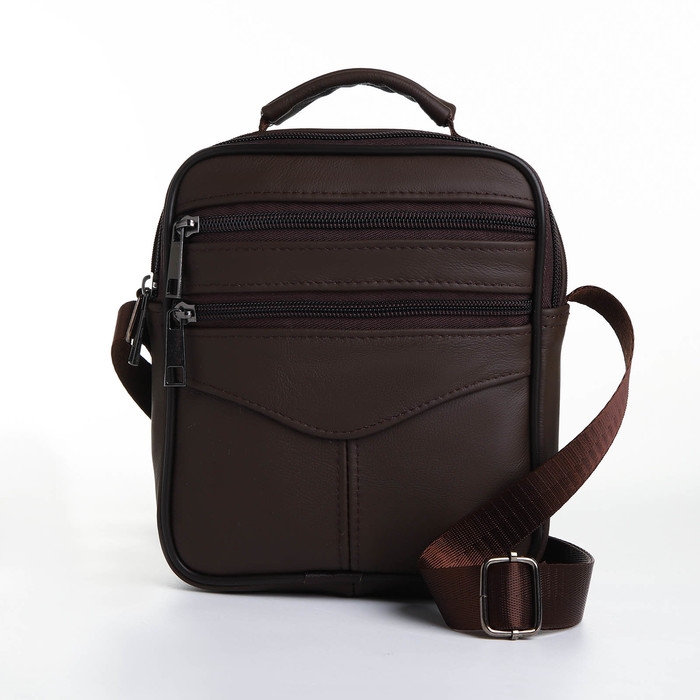 Сумка мужская на молниях, длинный ремень, цвет коричневый