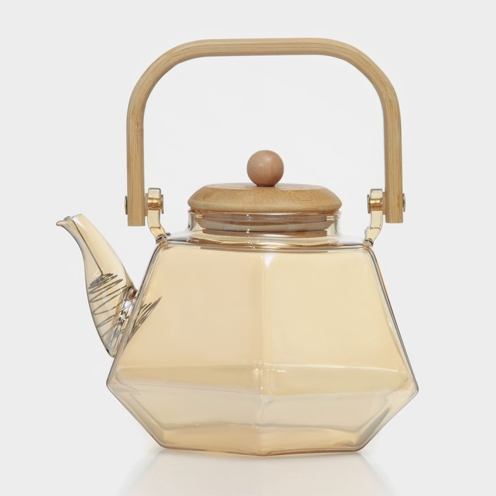 Чайник стеклянный заварочный с бамбуковой крышкой и металлическим фильтром &laquo;Октогон&raquo;, 1,2 л, цвет золотой