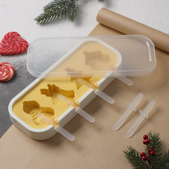 Форма для мороженого с крышкой новогодняя Доляна «Новый год», силикон, 24×10×3 см, 4 ячейки, с палочками, цвет жёлтый Форма для мороженого с крышкой новогодняя Доляна «Новый год», силикон, 24×10×3 см, 4 ячейки, с палочками, цвет жёлтый