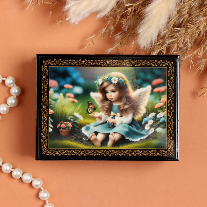 Шкатулка &laquo;Ангелочек&raquo;, черная, 8&times;10,5 см, лаковая миниатюра