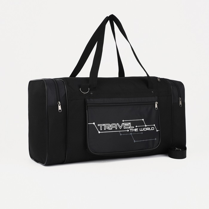 Сумка дорожная на молнии, 3 наружных кармана, длинный ремень, цвет чёрный Сумка дорожная на молнии, 3 наружных кармана, длинный ремень, цвет чёрный