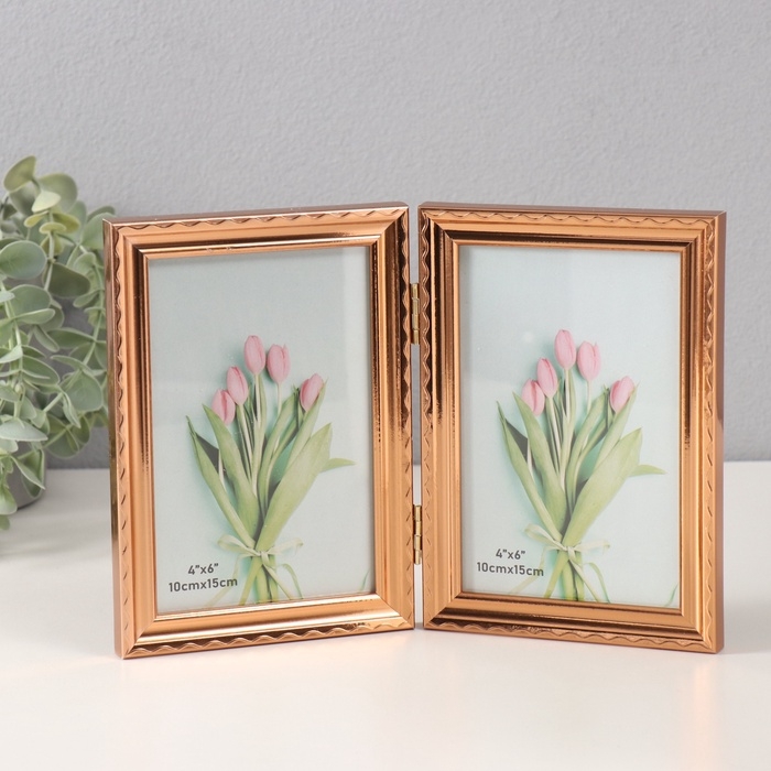 Фоторамка пластик на 2 фото 10х15 см "Галочки на мокко" с золотой обводкой